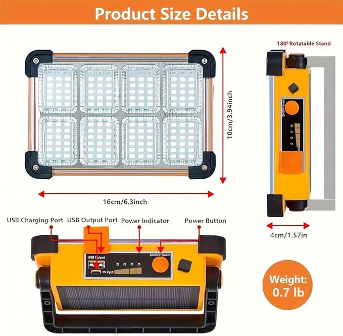 120W LED Solar Work Light, 144 LED 10000LM Portable Flood Light with Stand, 4 Modes Rechargeable Power Bank, IP65 Waterproof Outdoor Working Light for Camping, Fishing, Car Repair & Mechanics (1)