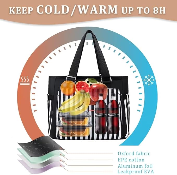 Large Women Lunch Bags for Work/Insulated Adult Lunch Box for Women/Leakproof Cooler Lunch Tote Bag with Storage Pocket. Reusable Lunch Cooler Purse for Work Picnic Hiking 14L, Black Stripes