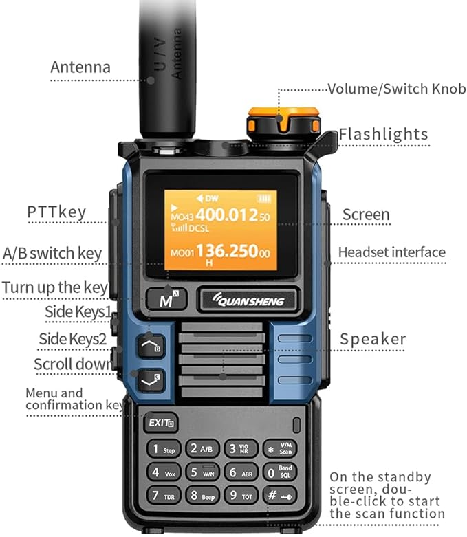 UVK5(99) AM/FM/DTMF Walkie-Talkie 200CH 20-1000MHZ Walkie-Talkie NOAA Weather Forecast with Flash Copy Frequency Tpye-C LCD Display for Hiking Camping Travel Two-Way Radio (Blue)