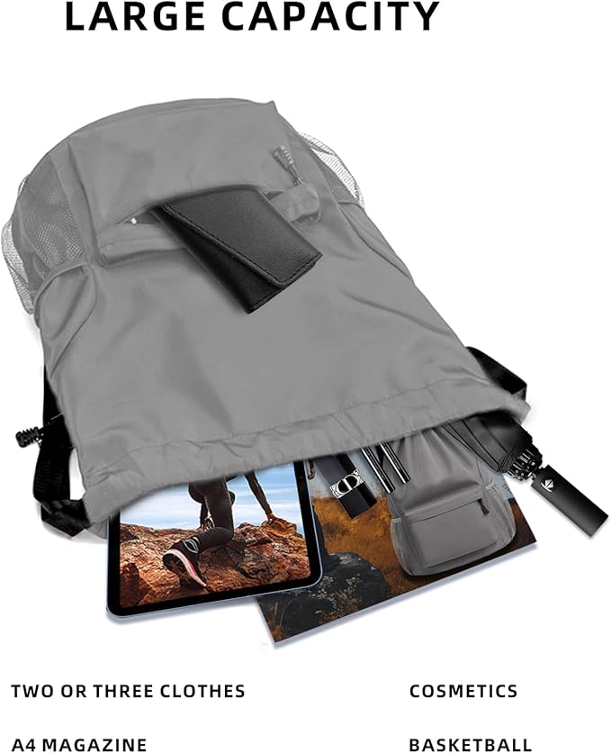 Sports Drawstring Backpack String Swimming Gym Bag Backpack with Shoes Compartment and Pocket for Men Women (grey)