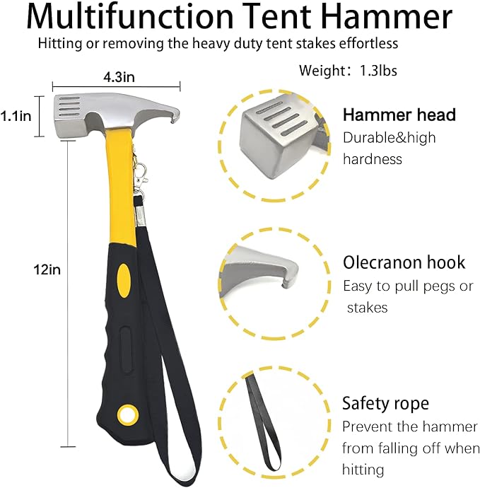 8/12/16Pack Tent Stake with Hammer, 8/10/12/16in Heavy Duty Tent Stakes + 10in Camping Hammer+Storage Pouch, Forged Steel Stakes Used on Rocks (12 Pack 10in Tent Stakes+Hammer)