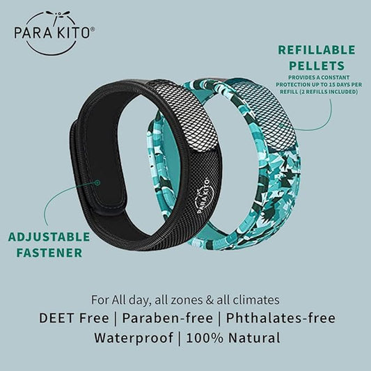 PARA'KITO Mosquito Repellent Bracelets + Refill Pellets Bundle, Mosquito Bracelets, Peppermint Oil, DEET Free Mosquito Repeller, Hiking Accessories, 2 Wristbands & 2 Refills (Black + Conceal)