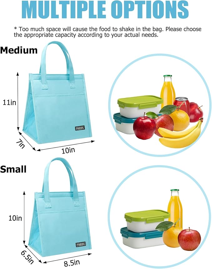 Fmeida Insulated Lunch Bag Women, Simple Lunch Tote Bags, Waterproof Thermal Cooler Lunch Bag, Reusable Adult Lunch Box Bag for Women | Medium Sky Blue, Front&Side&Interior Pockets