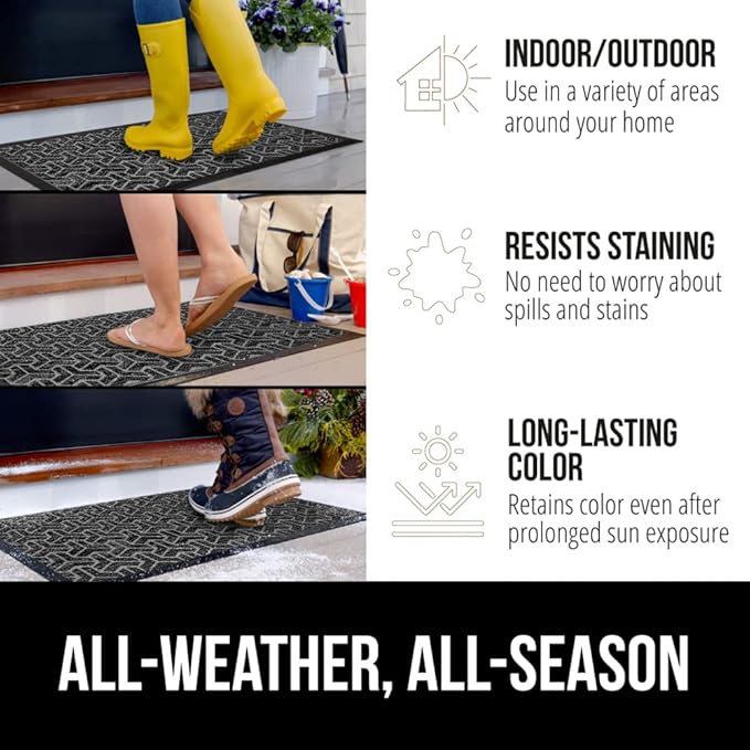 GORILLA GRIP 100% Waterproof All-Season WeatherMax Doormat, Durable Natural Rubber, Stain and Fade Resistant, Low Profile, Indoor Outdoor Door Mats, Easy Clean Entrance Mat, 17x29, Slate Geometric