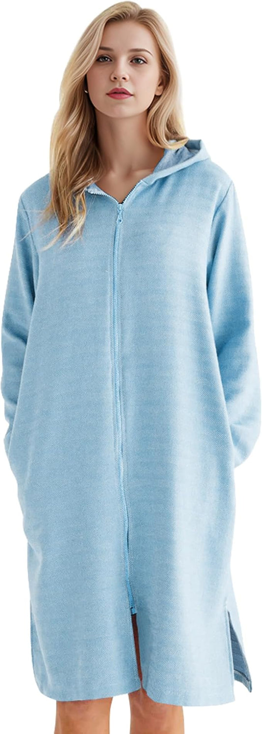 Weecreeture Hooded Towel Poncho with Zipper and Pocket, Surf Poncho for Men and Women, Beach Bath Changing Robe Cover Up Light Blue XL