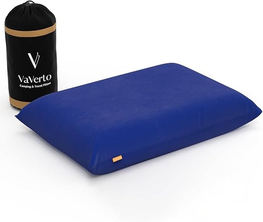Vaverto Blue Travel and Camping Pillow - Compressible Medium Firm Memory Foam, Viscose Made from Bamboo Cover, Machine Washable, Ideal for Backpacking, Airplane, Car Travel