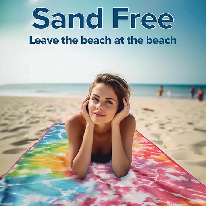 Microfiber Beach Towels - Soft & Lightweight - Absorbent, Quick Dry, Sand Free - Perfect for Beach, Pool, Travel, Camping, Picnic, Yoga - Matching Travel Bag - Large - Rainbow Tie-Dye