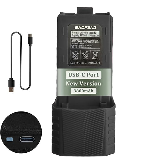 BAOFENG BF-F8HP Radio Battery Extended 3800mAh Type-C Charging Black Replacement for New Version for BF-F8 Rechargeable BL-5 Ham Radio Battery with Cable