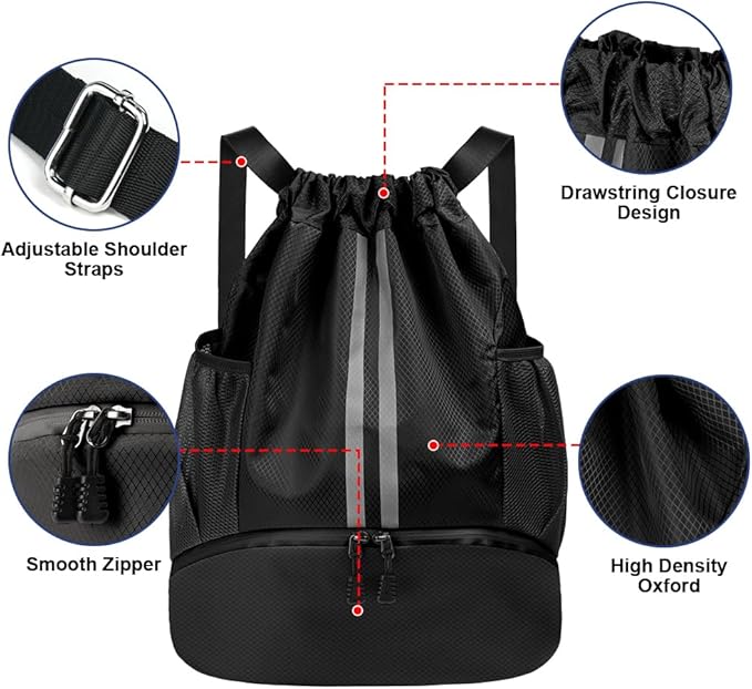 Drawstring Backpack, Waterproof Sports Backpack, Large Sports Gym Bag With Shoe Compartment and Water Bottle Mesh Pockets, for Sports Beach Holidays Swimming Travel (Black)
