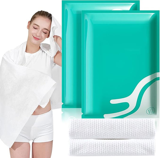GXF 2 Packs Compressed Bath Towel Tablets, 56'' x 28'' Pure Cotton Portable Disposable Hypoallergenic Dehydrated Expandable Compact Compressed Towels Washcloths for Camping Swimming Traveling Hiking
