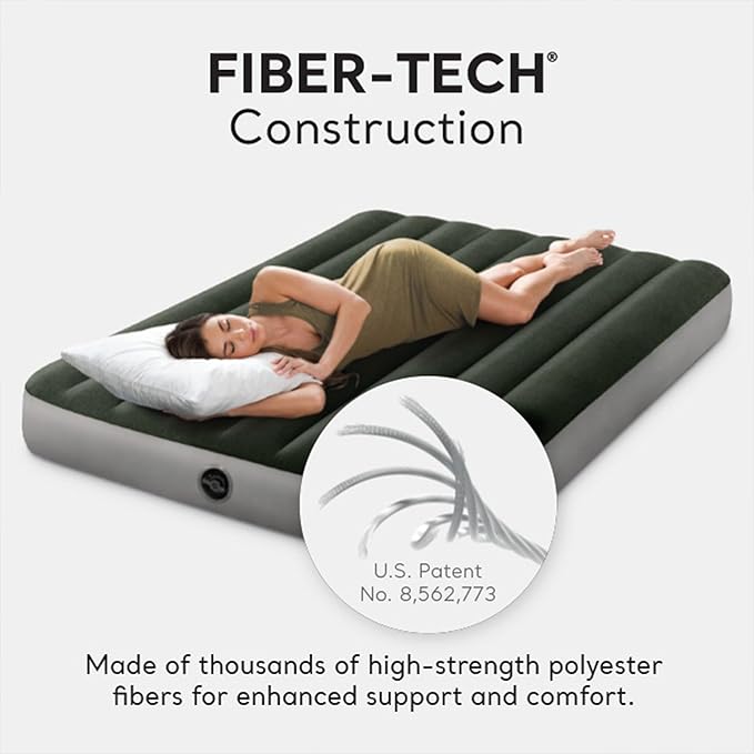 Intex 64762E Dura-Beam Standard Downy Air Mattress: Fiber-Tech – Full Size – Built-in Foot Pump – 10in Bed Height – 600lb Weight Capacity