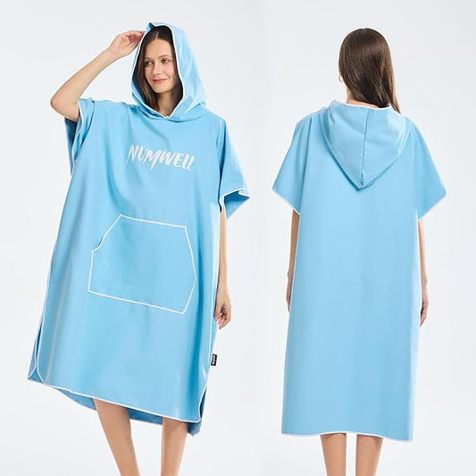 Microfiber Surf Poncho Changing Towel Robe with Changing Mat, Quick Dry Hooded Towel Poncho with Pocket for Beach, Pool, Swim, Wetsuit Changing (Light Blue)