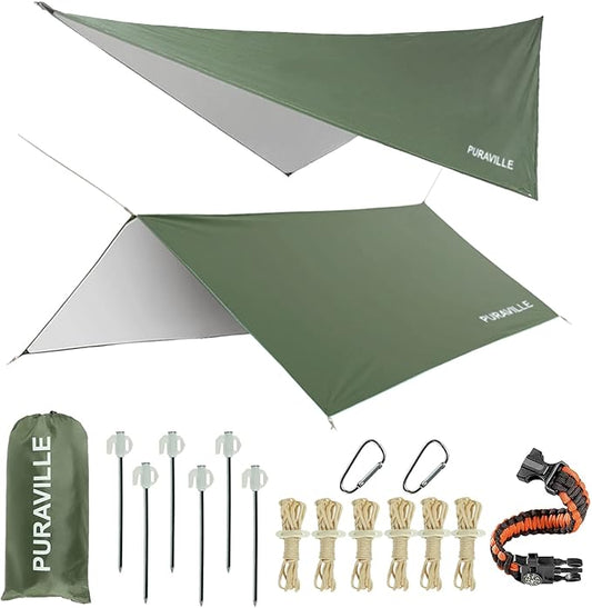 Puraville Camping Tarp Waterproof, Hammock Rain Fly Tent Tarp - 12 10 ft Rectangle Lightweight Camping Tarps, Portable Rain Fly for Camping Backpacking (Green)
