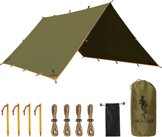 FREE SOLDIER Camping Tarp - Waterproof Portable Multifunctional Outdoor Traveling Awning Backpacking Shelter Rain Tarp (Brown 1313ft)