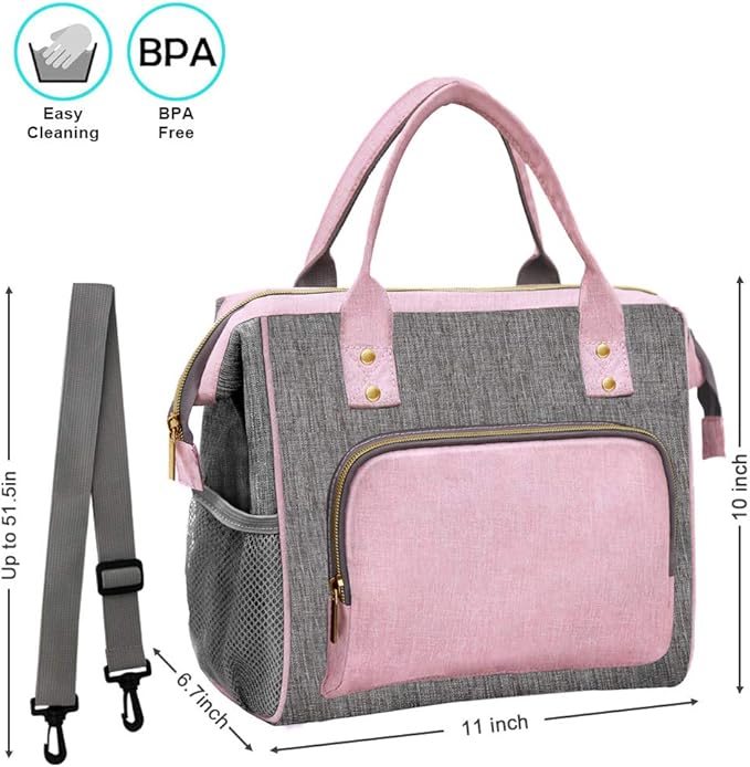IDEATECH Insulated Lunch Bag, Reusable Lunch Bags for Women, Pink Cute Lunch Cooler Bag, Leak Proof Tote Bag with Adjustable Shoulder Strap for Women Work, Office, Picnic, Beach(Pink)