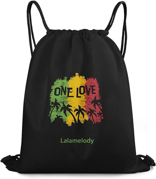 One Love Reggae Rasta Black Drawstring Backpack Waterproof Sackpack Camping Shopping Bag for Women Men