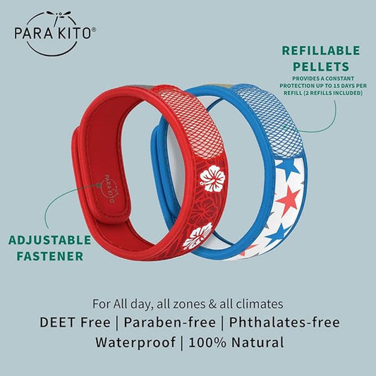 PARA'KITO Mosquito Repellent Bracelets + Refill Pellets Bundle | w/Peppermint Oil, Essential Oils | Hiking & Camping Accessories | Paraben Free, DEET Free - 2 Wristbands & 2 Refills (Hawaii + Stars)