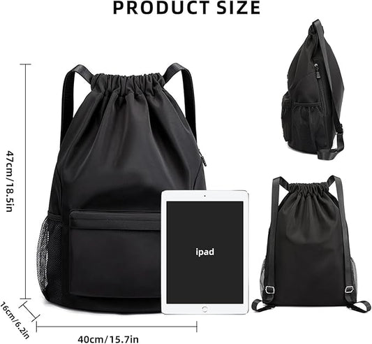 Sports Drawstring Backpack String Swimming Gym Bag Backpack with Shoes Compartment and Pocket for Men Women (black)