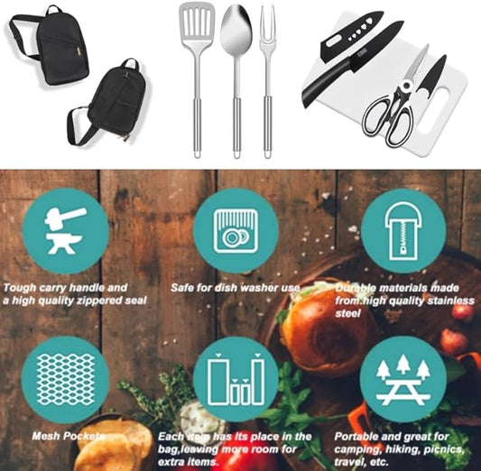 12 Pcs Camping Kitchen Utensil Set Outdoor Kitchen Gear, Outdoor Cooking and Grilling Utensil Travel Set Perfect for Camping Accessories Cooking, RV Camp. Camping, BBQs, Parties and More