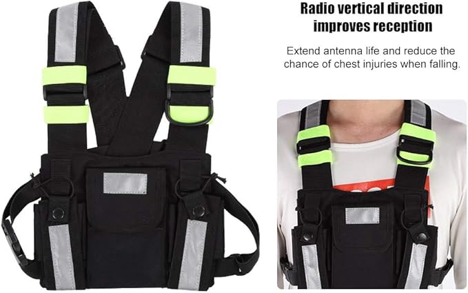Radio Chest Harness Rig Holster Pack with Front Pouches Zipper Bag and Green Reflective Strips for Walkie Talkies Two Way Radio