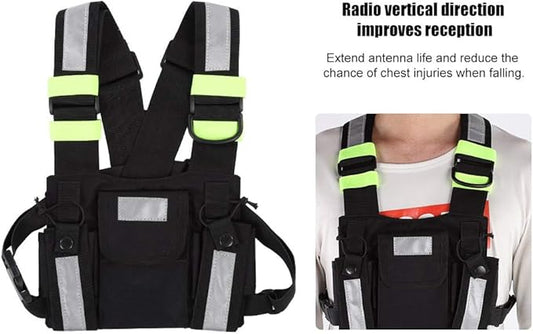 Radio Chest Harness Rig Holster Pack with Front Pouches Zipper Bag and Green Reflective Strips for Walkie Talkies Two Way Radio