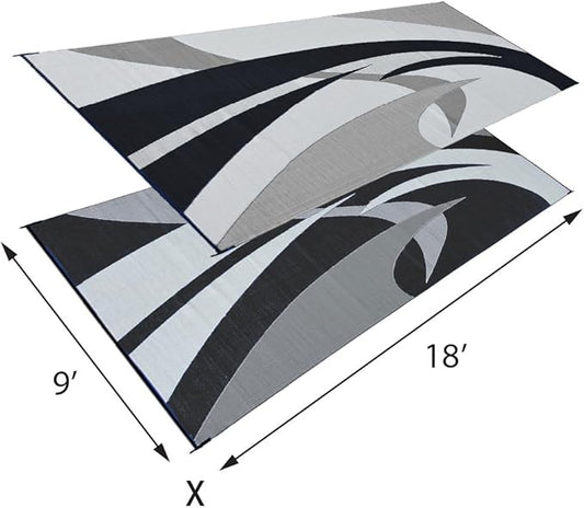 Stylish Camping 159181 9-feet by 18-feet Reversible Mat, Plastic Straw Rug, Large Floor Mat for Outdoors, RV, Patio, Backyard, Picnic, Beach, Polypropylene (PP) , Camping (Black/White)
