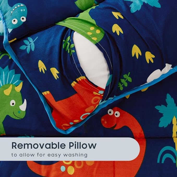Wake In Cloud - Toddler Nap Mat with Pillow and Blanket, 100% Cotton Fabric, for Kids Boys Girls in Daycare Kindergarten Preschool, Roll Up Sleeping Bag, Dinosaur Navy, Standard