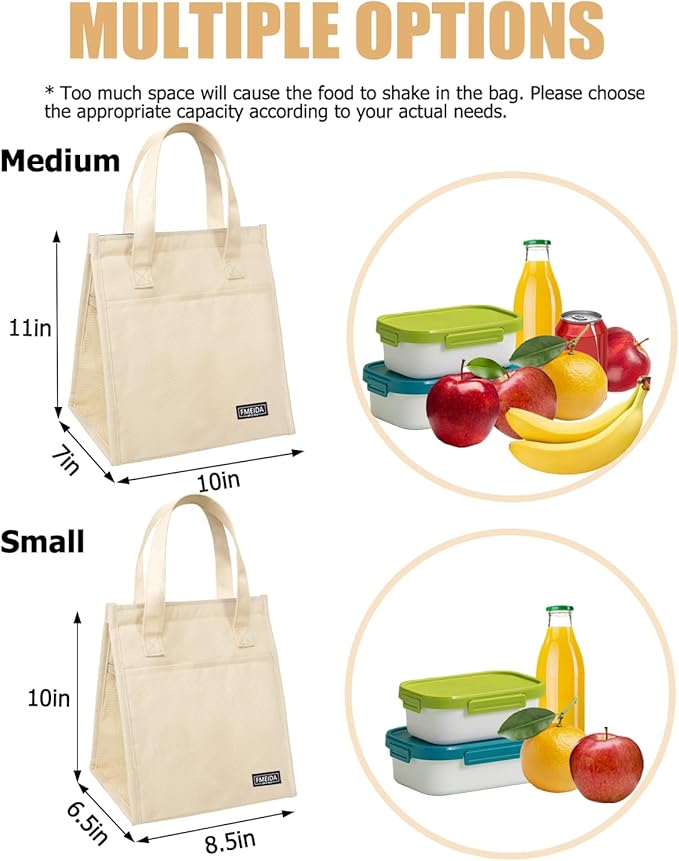 Fmeida Insulated Lunch Bag Women, Simple Lunch Tote Bags, Waterproof Thermal Cooler Lunch Bag, Reusable Adult Lunch Box Bag for Women | 9L Beige, Front&Side&Interior Pockets