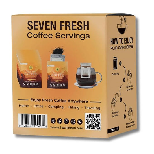 Hachidoori Single-Serve Portable Pour Over Drip Coffee – 7 Ready-to-Brew Packs with Ground Coffee & Filters | Fresh Coffee Anytime – Travel, Camping, Office.