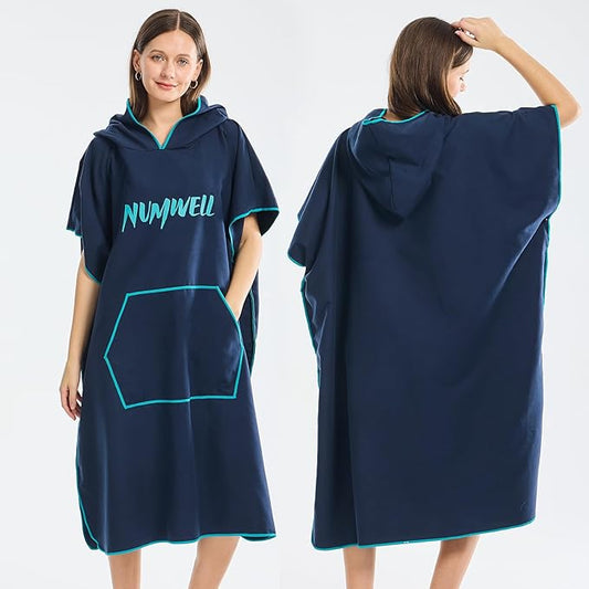 Microfiber Surf Poncho Changing Towel Robe with Changing Mat, Quick Dry Hooded Towel Poncho with Pocket for Beach, Pool, Swim, Wetsuit Changing (Navy)