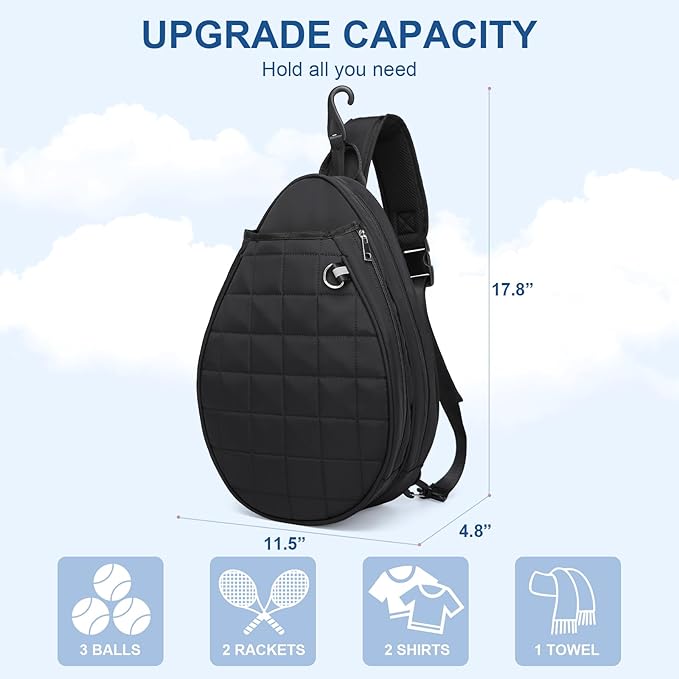 Pro Tennis Crossbody Sling Bag: Waterproof 2-Racket Quilted Pickleball Bag with Wet/Dry Compartment | Durable Unisex Design for Women, Men and Youth