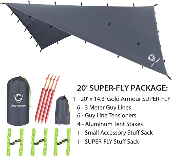 Gold Armour Rainfly Tarp Hammock, Premium 20ft x 14.3ft Rain Fly Cover, Waterproof Ultralight Camping Shelter Canopy, Must Have Camping Accessories Camping Essential (Gray)