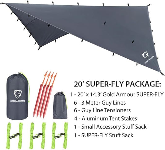 Gold Armour Rainfly Tarp Hammock, Premium 20ft x 14.3ft Rain Fly Cover, Waterproof Ultralight Camping Shelter Canopy, Must Have Camping Accessories Camping Essential (Gray)