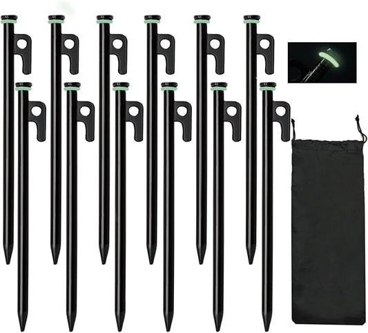 Tent Stakes, 12Pcs 10in Heavy Duty Forged Steel Tent Stakes +Storage Pouch, Metal Tent Stakes, Metal Stakes for Tent Used on Rocks, Snowfield, Dessert, Stormy Weather (12Pcs 10in Tent Stakes)