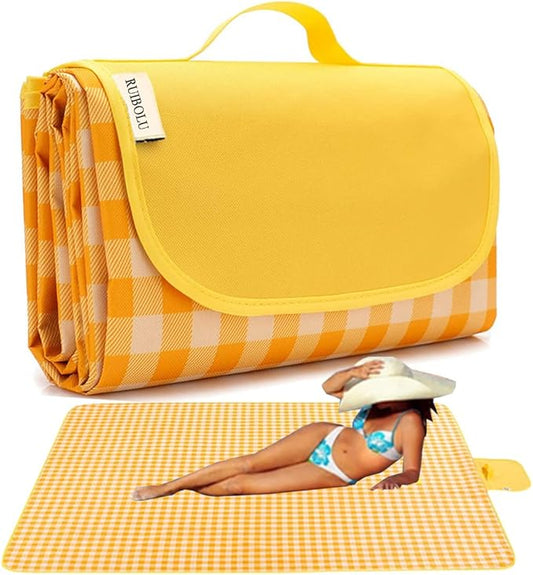 RUIBOLU Beach Blanket Large Picnic Blankets, Sandproof Beach Mat for 2-4 Adults Waterproof Quick Drying Outdoor Picnic Mat for Travel Camping Hiking Festival Park Lawn (Yellow Plaids)