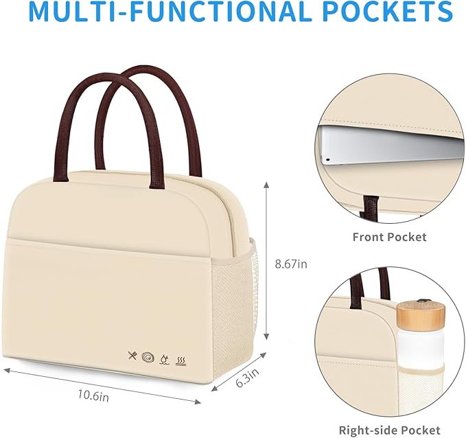 Lunch Bag Lunch Box for Women Men Reusable Insulated Lunch Tote Bag,Leakproof Thermal Cooler Sack Food Handbags Case High Capacity for Travel Work Picnic Beach,BEIGE
