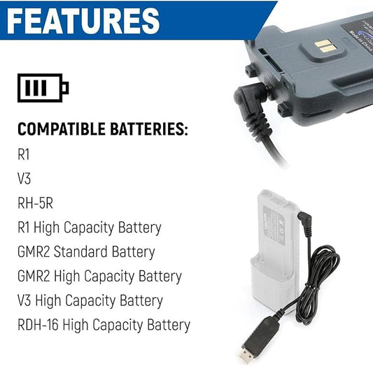 Rugged Radios USB Charger Cable for V3 R1 GMR2 GMR2-PLUS and RH5R Extra Large Battery