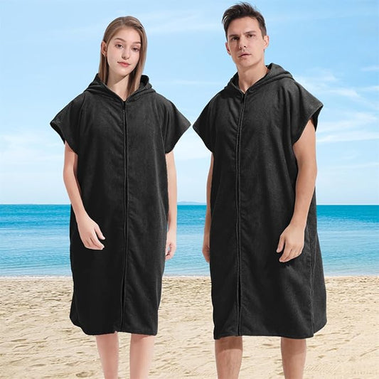 Surf Poncho Hooded Changing Towel Swim Robe with Zipper Plus Size Terry Cloth Swim Cover Up for Adults Men Women Towel Poncho Hoodie Surfing Accessories(Black) (Black)