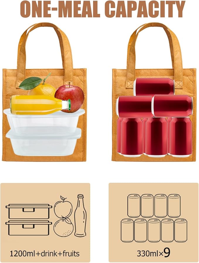 Fmeida Insulated Lunch Bag Women - Reusable Paper Lunch Bag Adult - Small Lunch Tote Bag Aesthetic - Portable with Front, Side, Interior Pockets - Great for Office College Beach Picnic Hiking