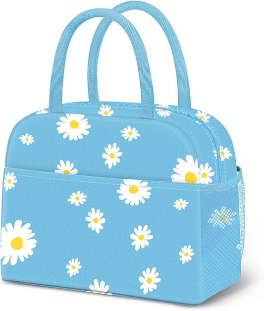 Lunch Bag Lunch Box for Women Men Reusable Insulated Lunch Tote Bag,Food Handbags Case High Capacity for Travel Work Picnic,Sky Blue Daisy