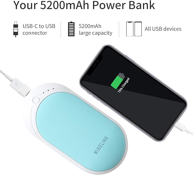 Rechargeable Hand Warmer, 5200mAh Electric Hand Warmers Reusable, Portable USB Power Bank, Double-Sided Quick Heating Handwarmer for Hunting, Golf, Camping, Skiing, Winter Gift for Women, Men