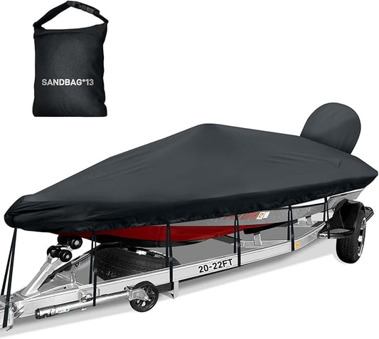 Boat Cover 20-22ft, Bass Tracker Boat Cover with Sand Bag Mooring Kit,1200D Marine Canvas Waterproof Heavy Duty Boat Covers for 20 feet 21ft 22' Foot V Hull Bass & Runabout Boat,Black