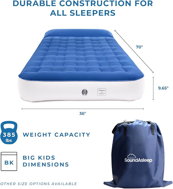 SoundAsleep Dream Series Big Kids Air Mattress with High Speed External Pump - Portable, Blow up Bed for Big Kids - Inflatable Air Mattress for Home and Camping