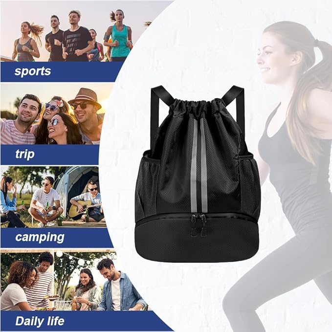 Drawstring Backpack, Waterproof Sports Backpack, Large Sports Gym Bag With Shoe Compartment and Water Bottle Mesh Pockets, for Sports Beach Holidays Swimming Travel (Black)