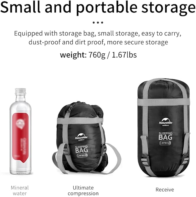 Naturehike Lightweight Sleeping Bag - Compact, Ultralight, Envelope Backpacking Bag - Portable, Waterproof, Comfortable With Compression Sack for 3 Season Camping, Traveling, Hiking