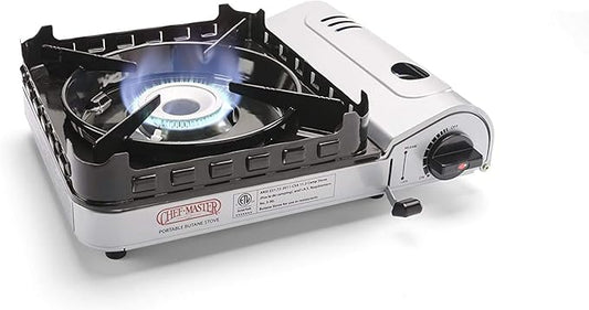 Chef Master 15,000 BTU Output Portable Butane Camping Stove, Double Wind-Guard Portable Stove Burner, Piezo Click Ignition for Emergencies, Tailgating, Hiking, Backpacking & Camping Essentials - 90019