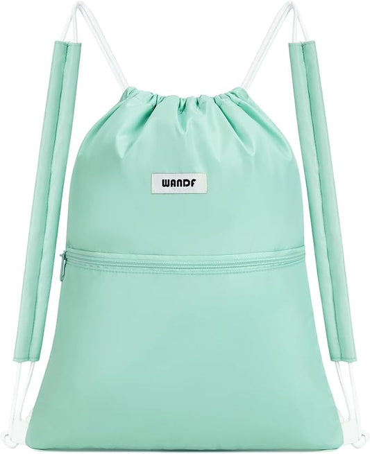 WANDF Drawstring Backpack Sports Gym Bag with Shoulder Pads Water Resistant String Bag Cinch Bag for Women Men (Mint Green)
