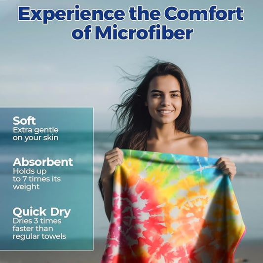 Microfiber Beach Towels - Soft & Lightweight - Absorbent, Quick Dry, Sand Free - Perfect for Beach, Pool, Travel, Camping, Picnic, Yoga - Matching Travel Bag - Large - Rainbow Tie-Dye