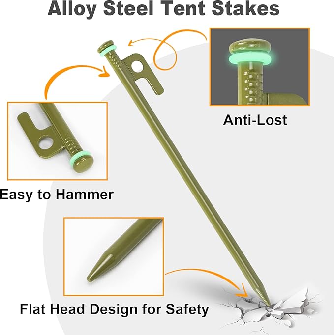 Tent Stakes and Hammer Set,10pcs 10 in Heavy Duty Metal Tent Stakes + 12in Camping Hammer + Reflective Camping Rope + Storage Bag,Camping Accessories for Ground,Camp and Graden(ArmyGreen)