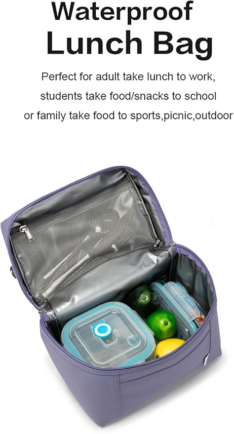 NOL Natural Organic Lifestyle Insulated Lunch Bags for Women Cooler Bag Lightweight Nylon Waterproof Lunch Box For Work (Light purple, Medium(normal))